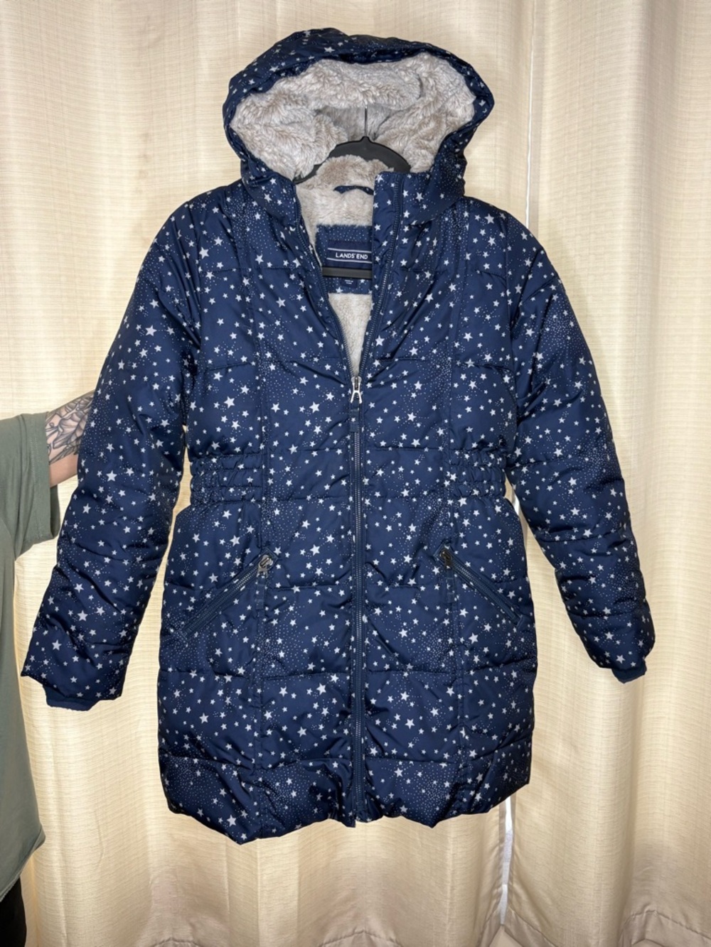 Lands' End Navy Star-Print Girls' Puffer Coat with Faux-Fur Hood